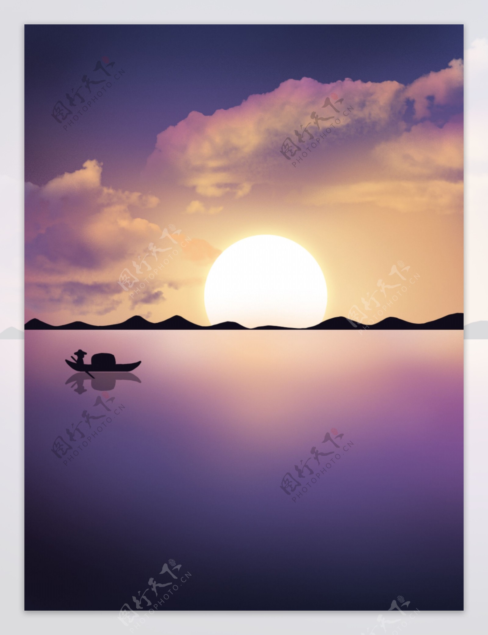 夕阳紫色湖面晚霞唯美通用背景