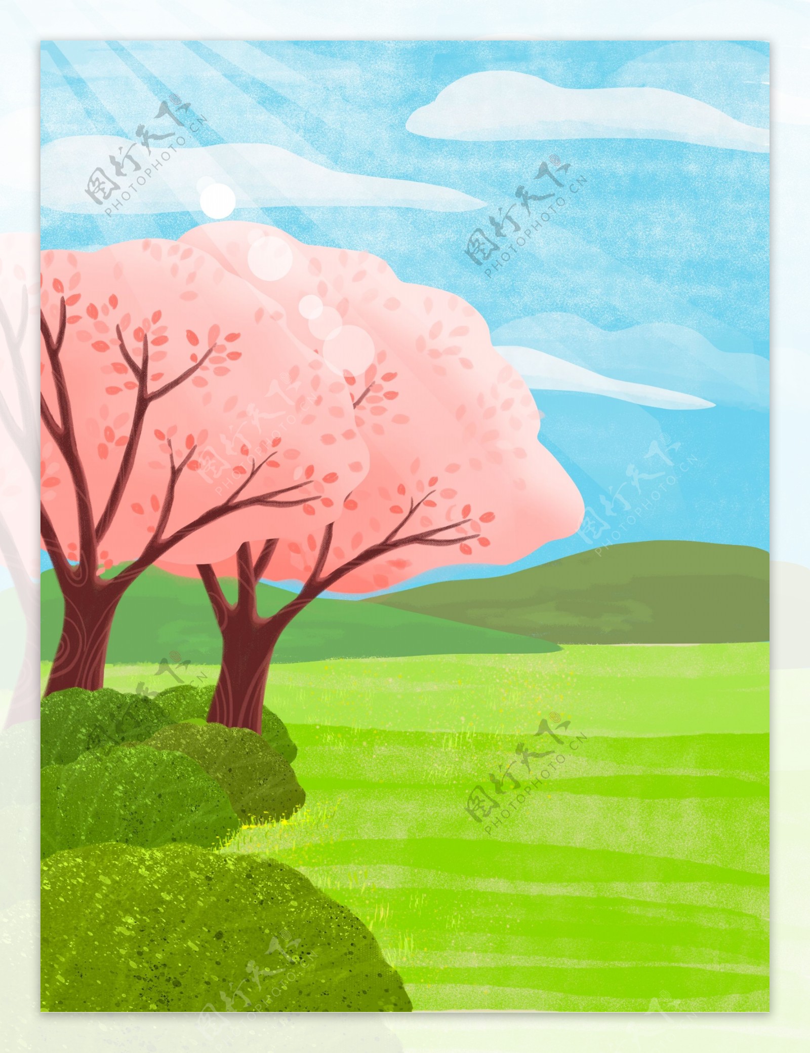 唯美手绘绿色春天樱花树插画背景
