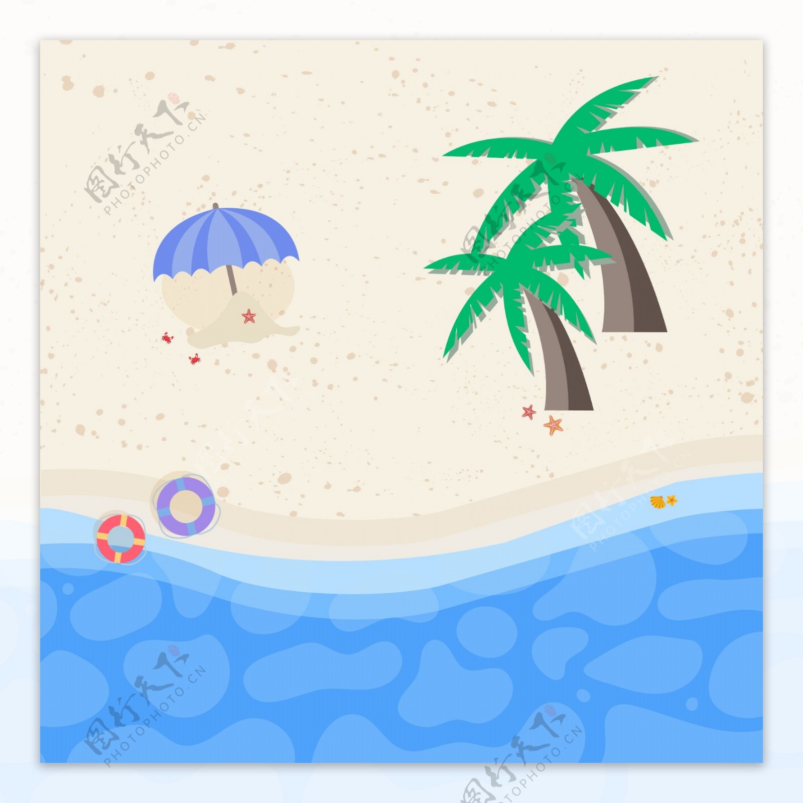 夏日夏至游泳圈椰子树螃蟹海星贝壳沙滩海水