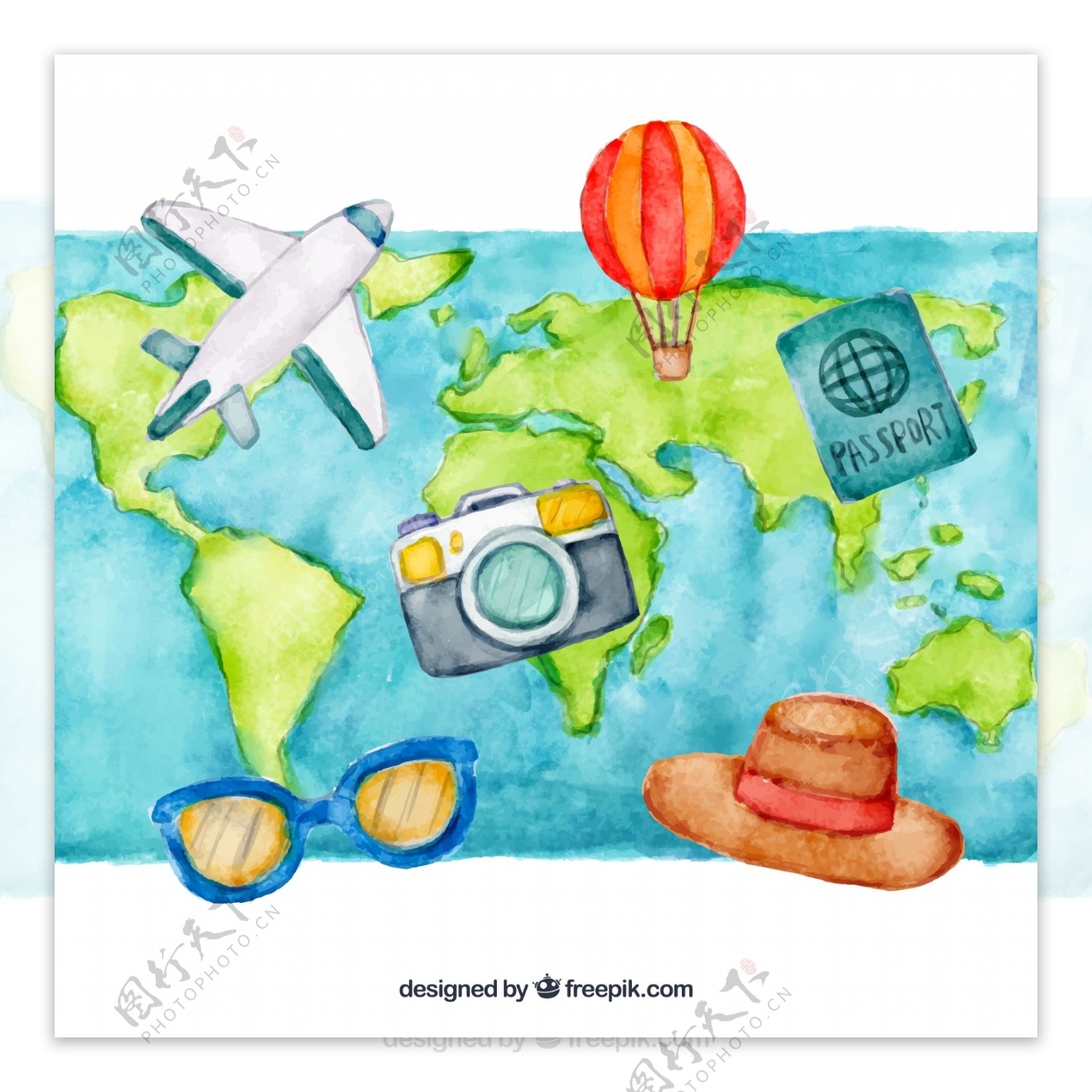 彩绘世界地图和旅行元素
