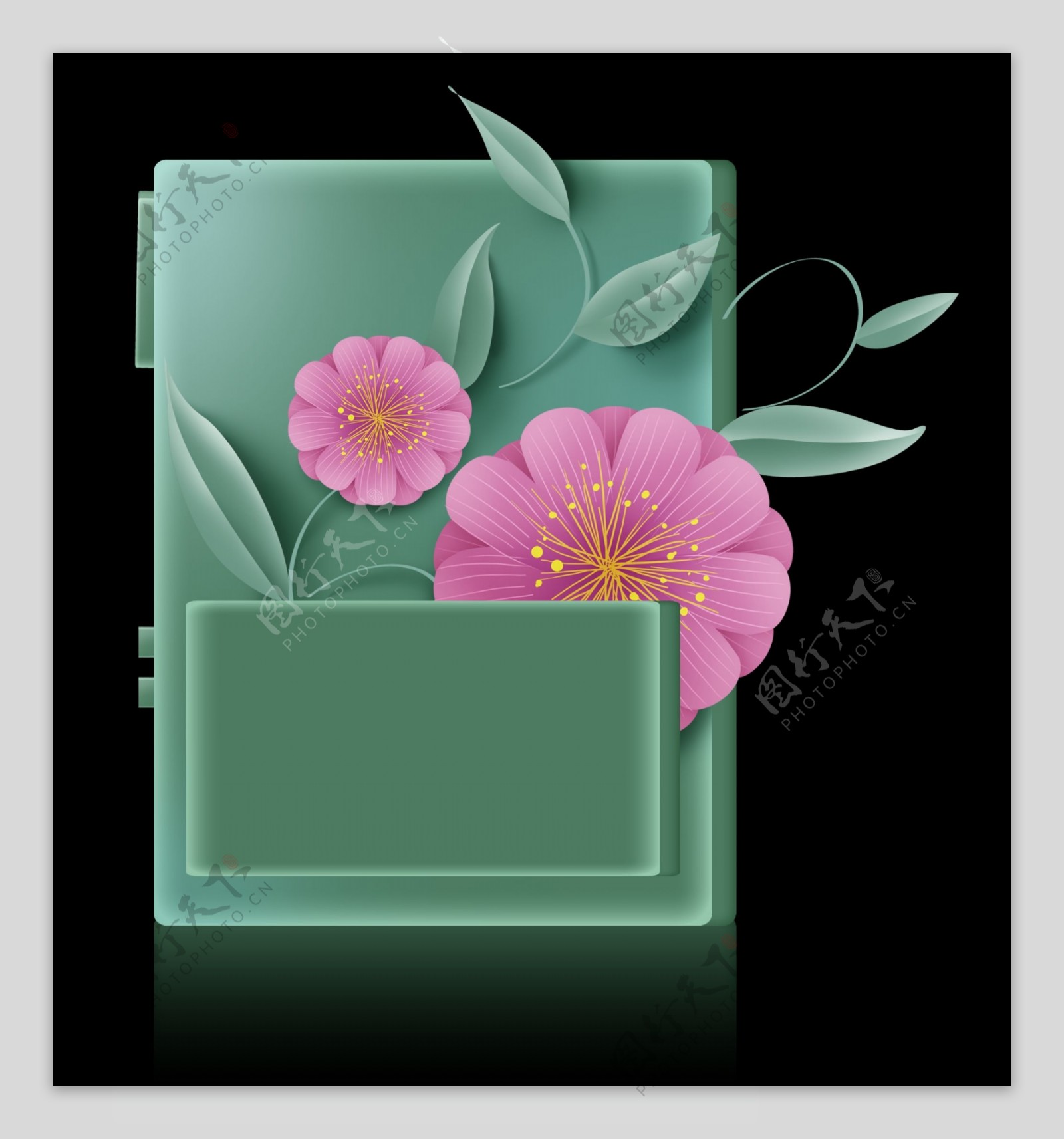 立体绿色粉色花卉光感文字框
