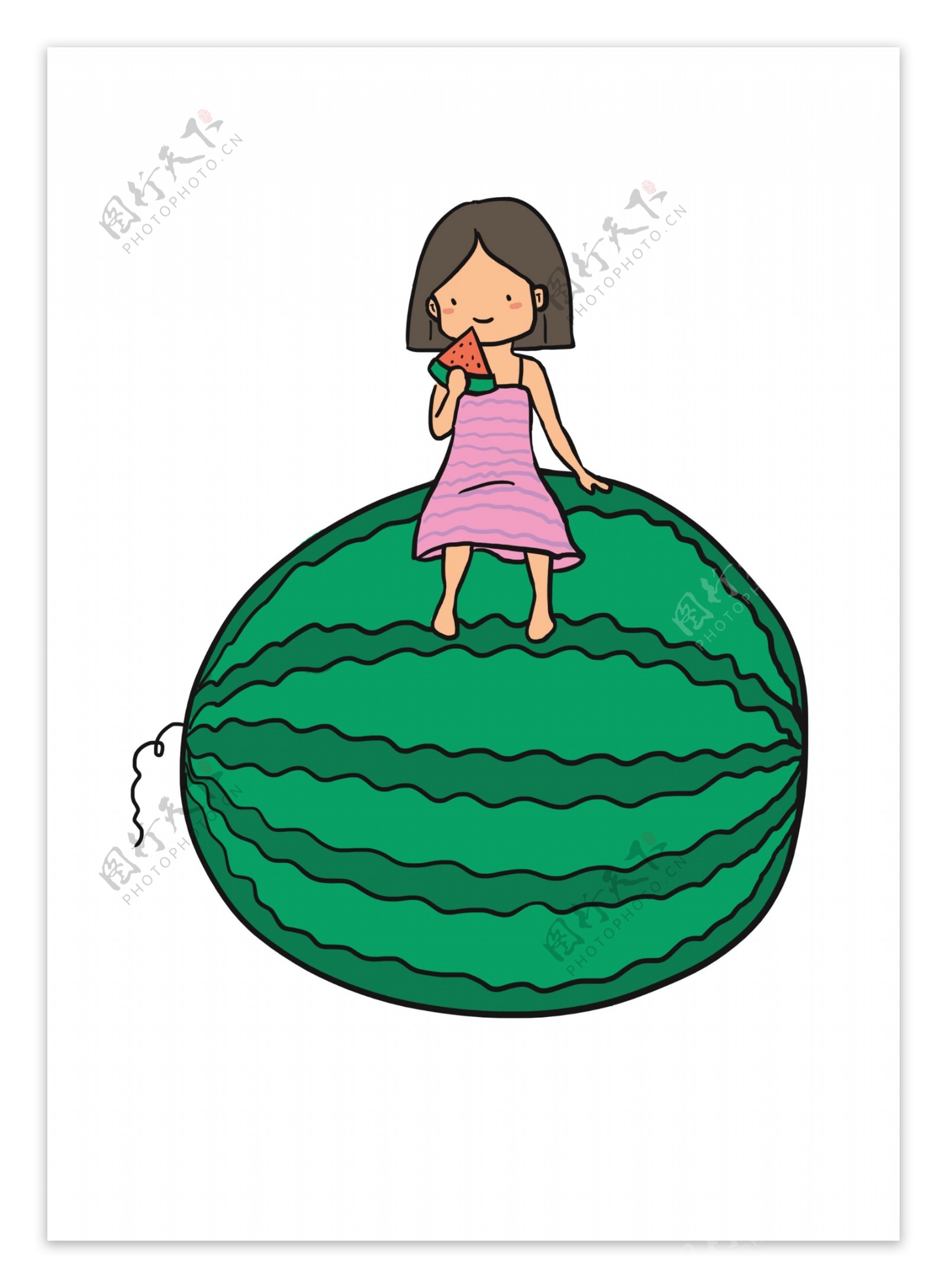 小女孩坐在大西瓜上吃西瓜