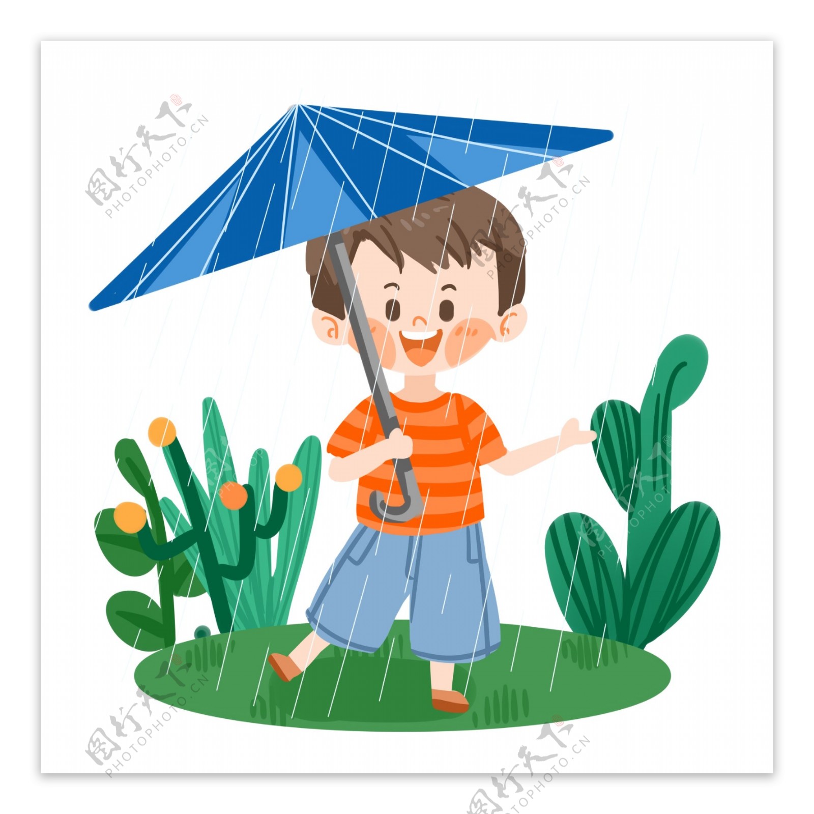 夏日可爱男孩雨中打伞PNG素材