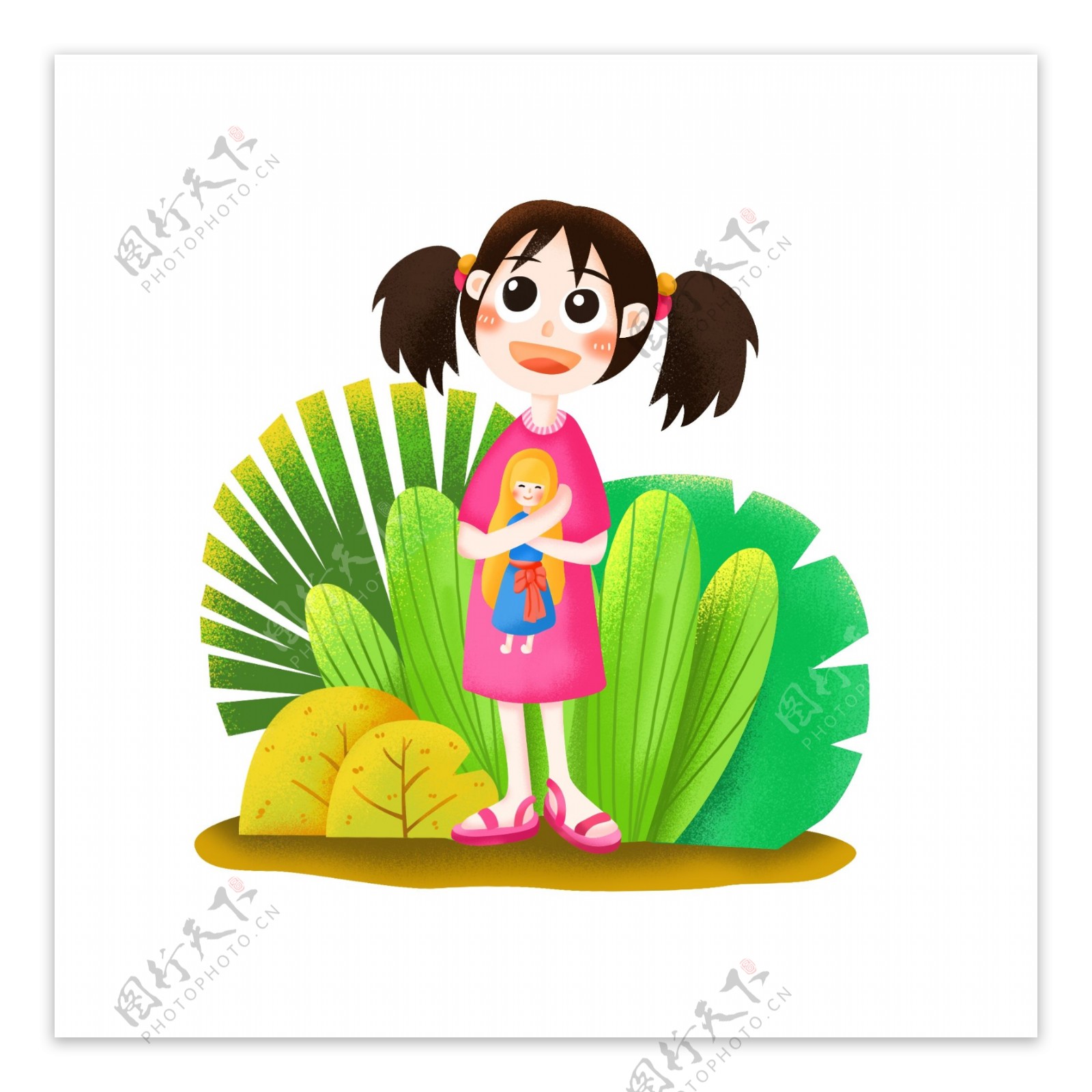 小女孩六一儿童节植物卡通可爱装饰元素