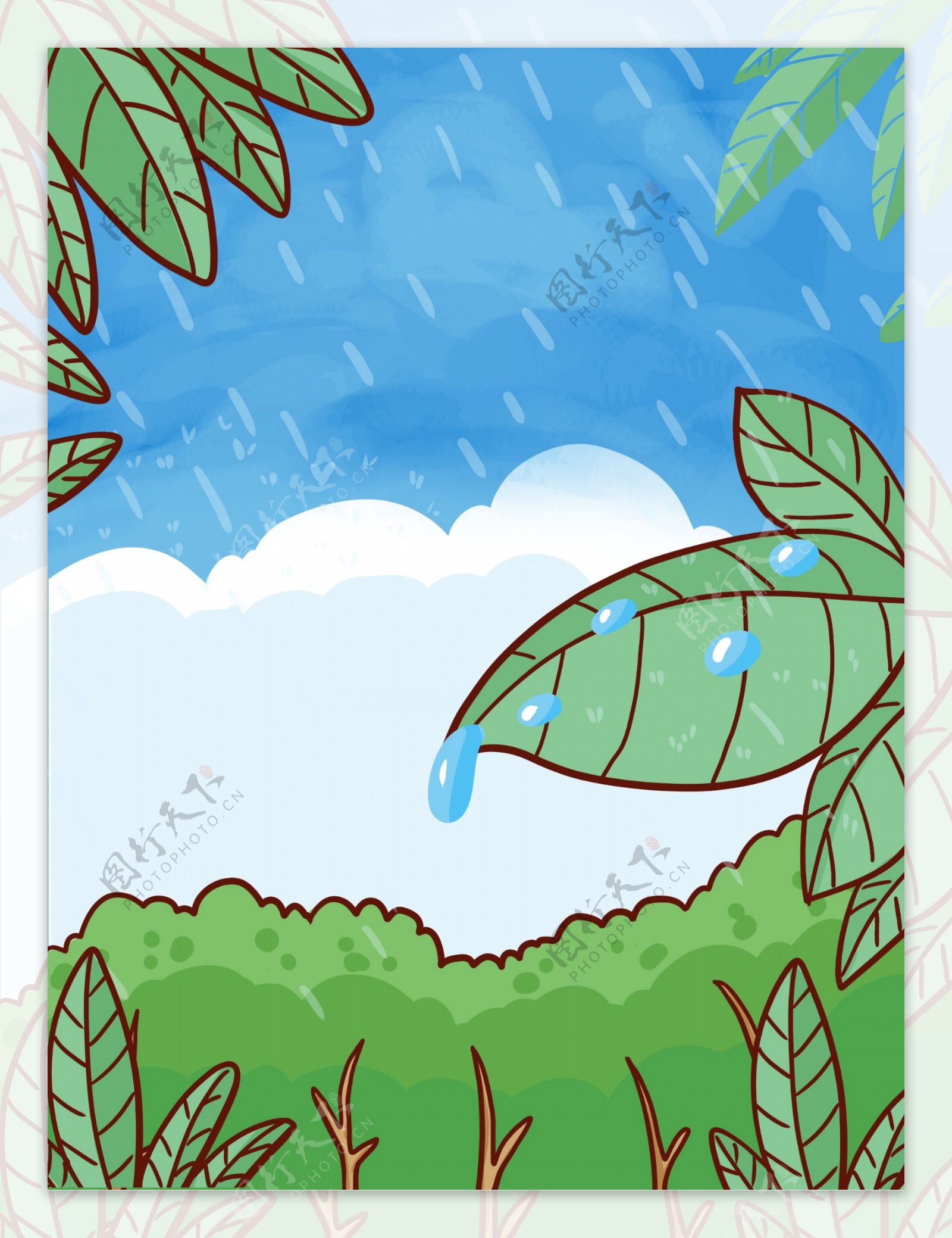 手绘夏季下雨树林背景素材