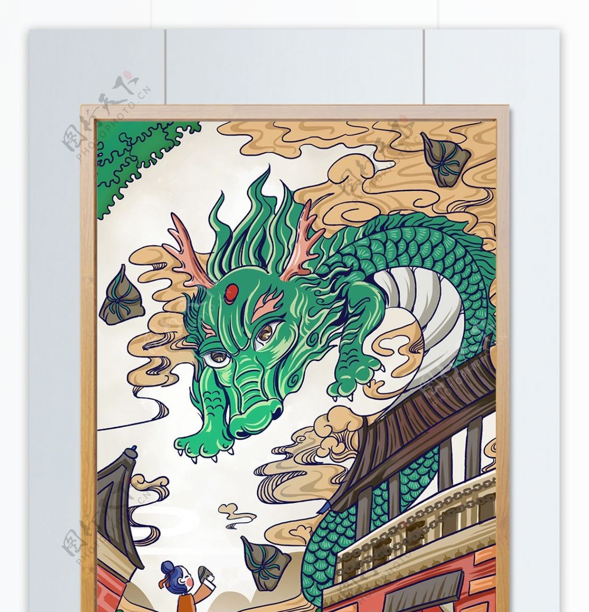 国潮中国风端午节龙粽子创意插画海报