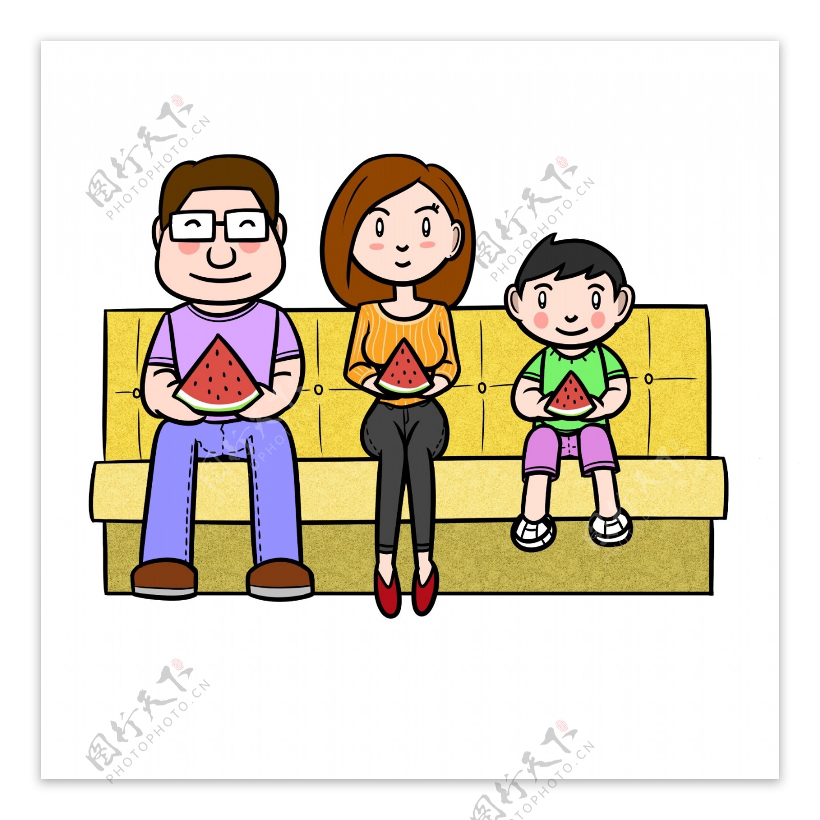 卡通夏季全家人吃西瓜png透明底