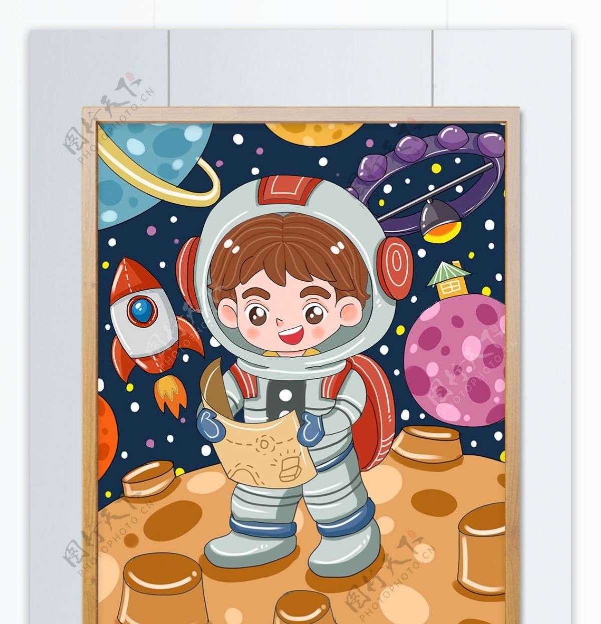 原创月球日小朋友奇妙探险太空儿童插画