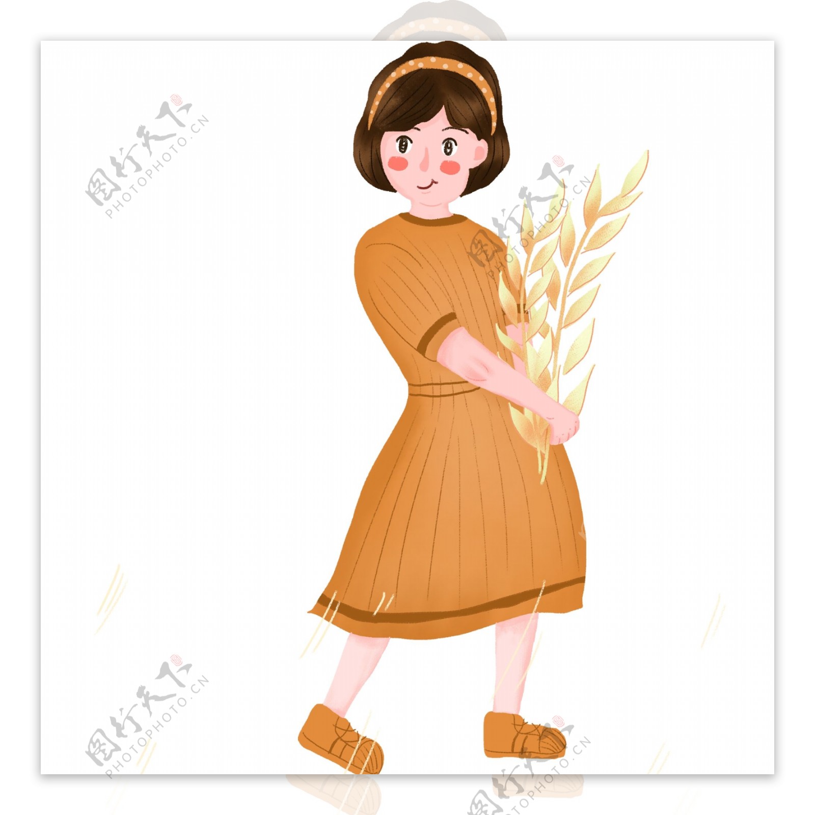 小清新卡通拿着小麦的女孩