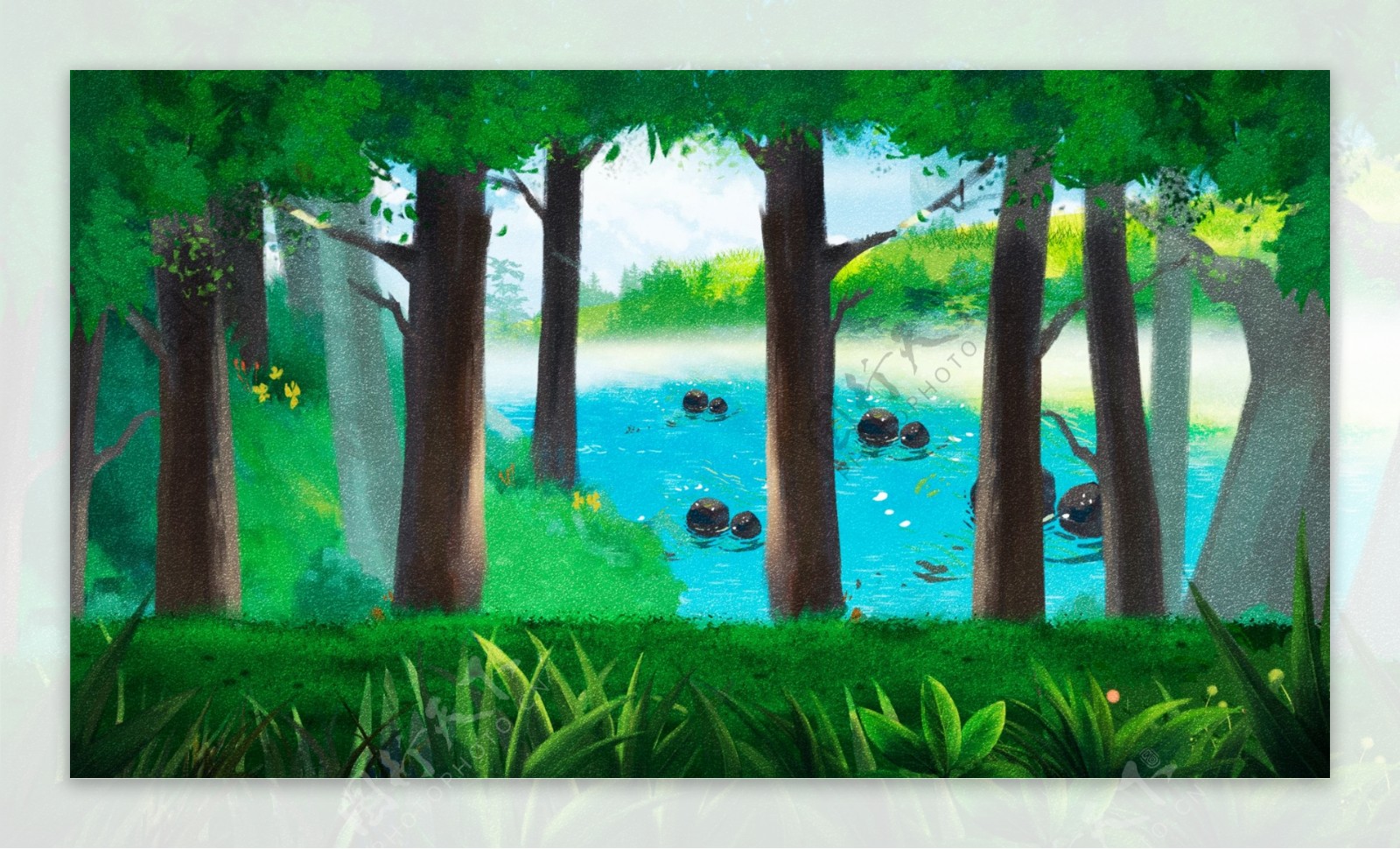 夏季清新树林小溪背景设计