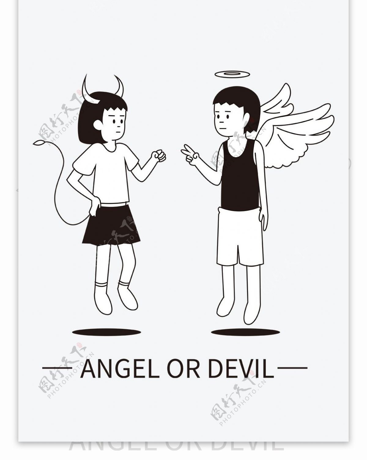 极简矢量插画天使和恶魔