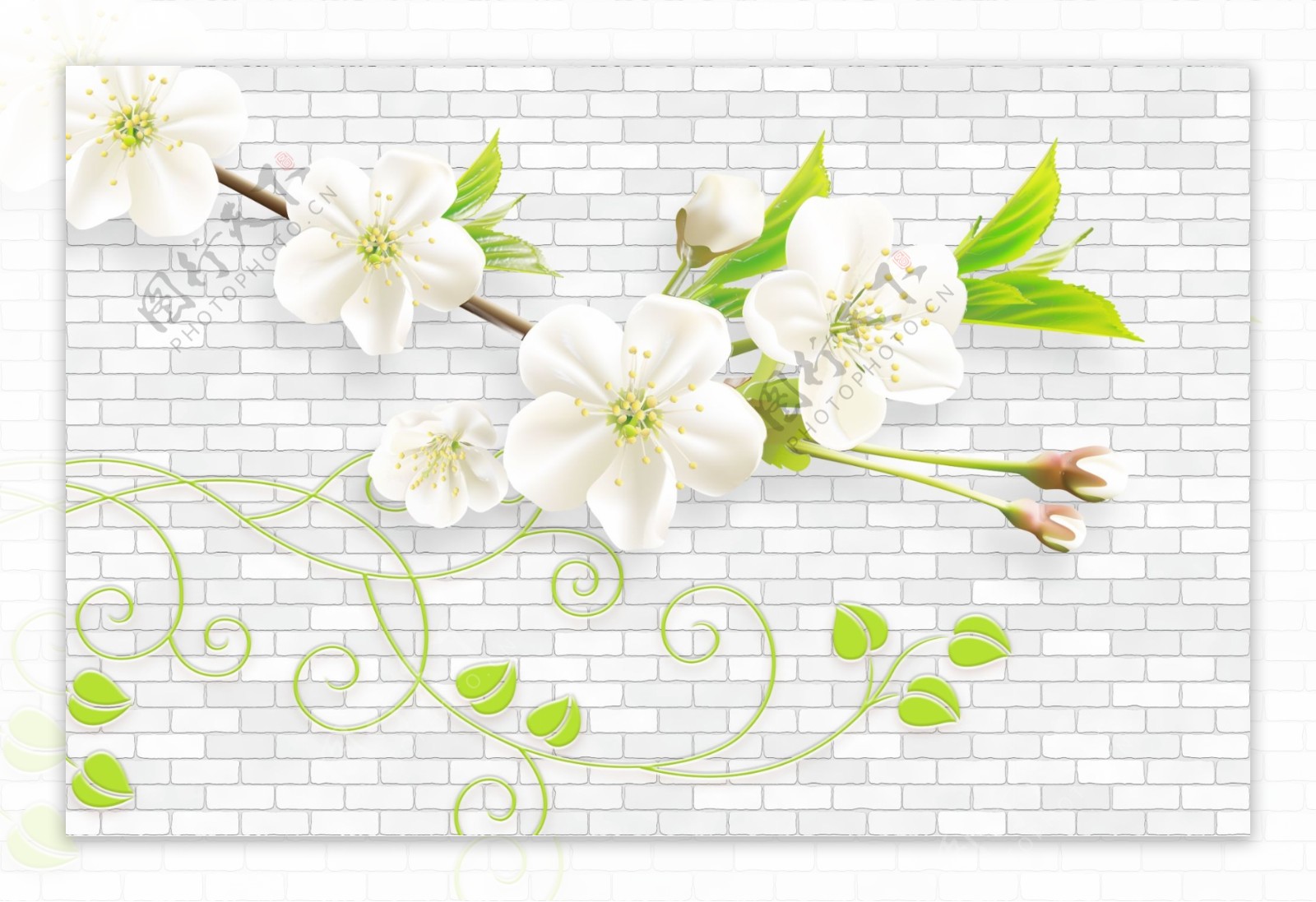 桃花白色花朵砖墙电视背景壁纸