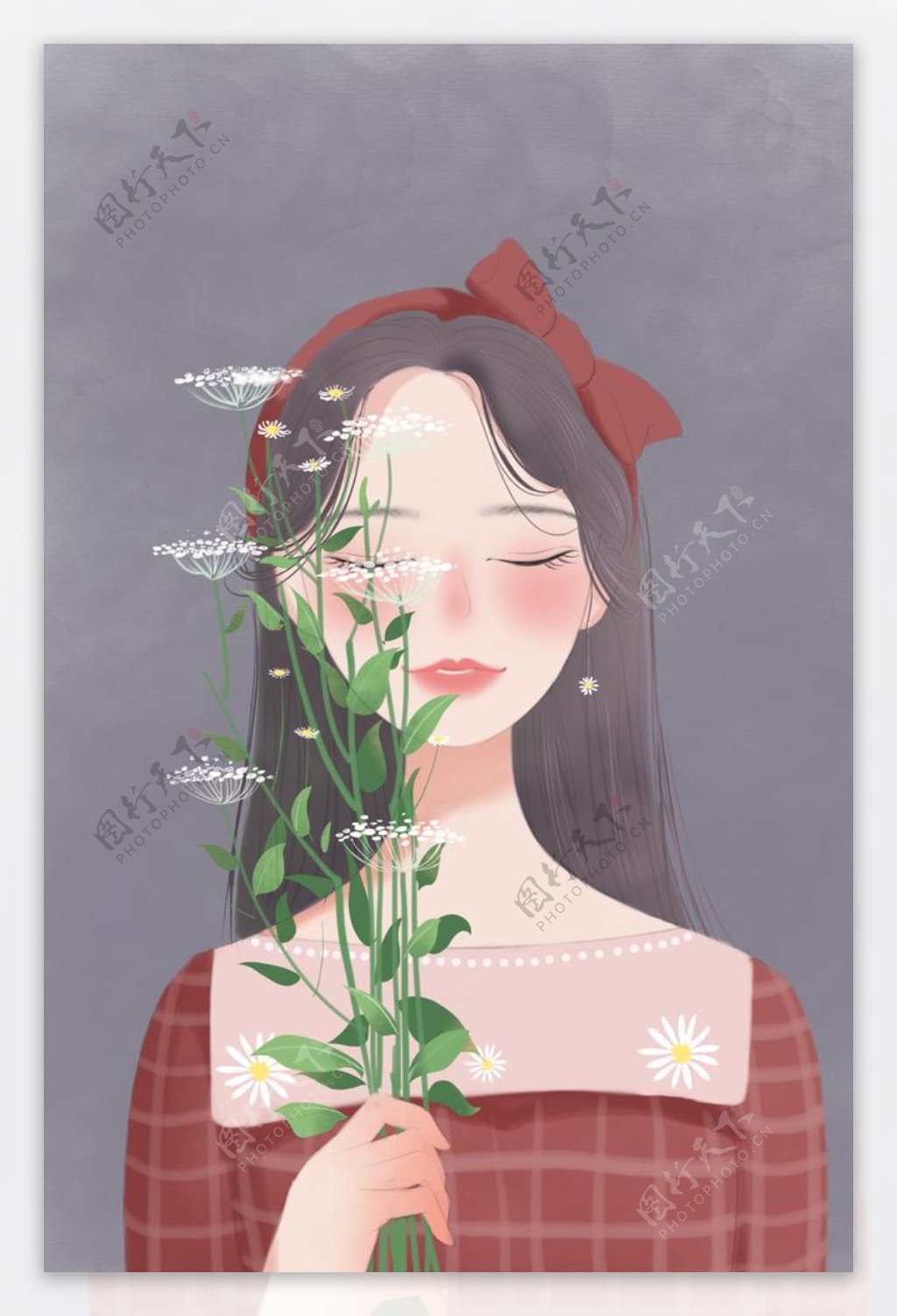 花与少女手绘插画