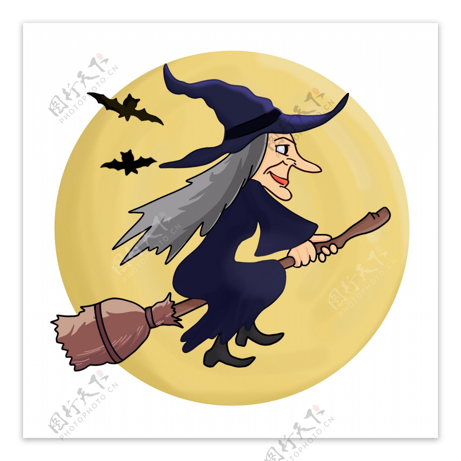 卡通万圣节骑在扫把扫帚上的女巫月亮蝙蝠