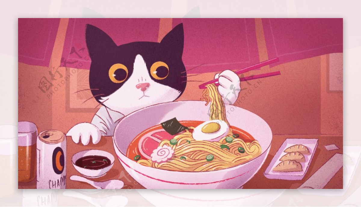 猫用筷子吃一碗拉面