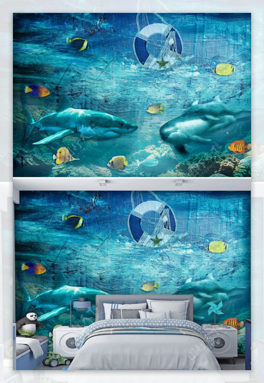 海底世界儿童房油画背景墙