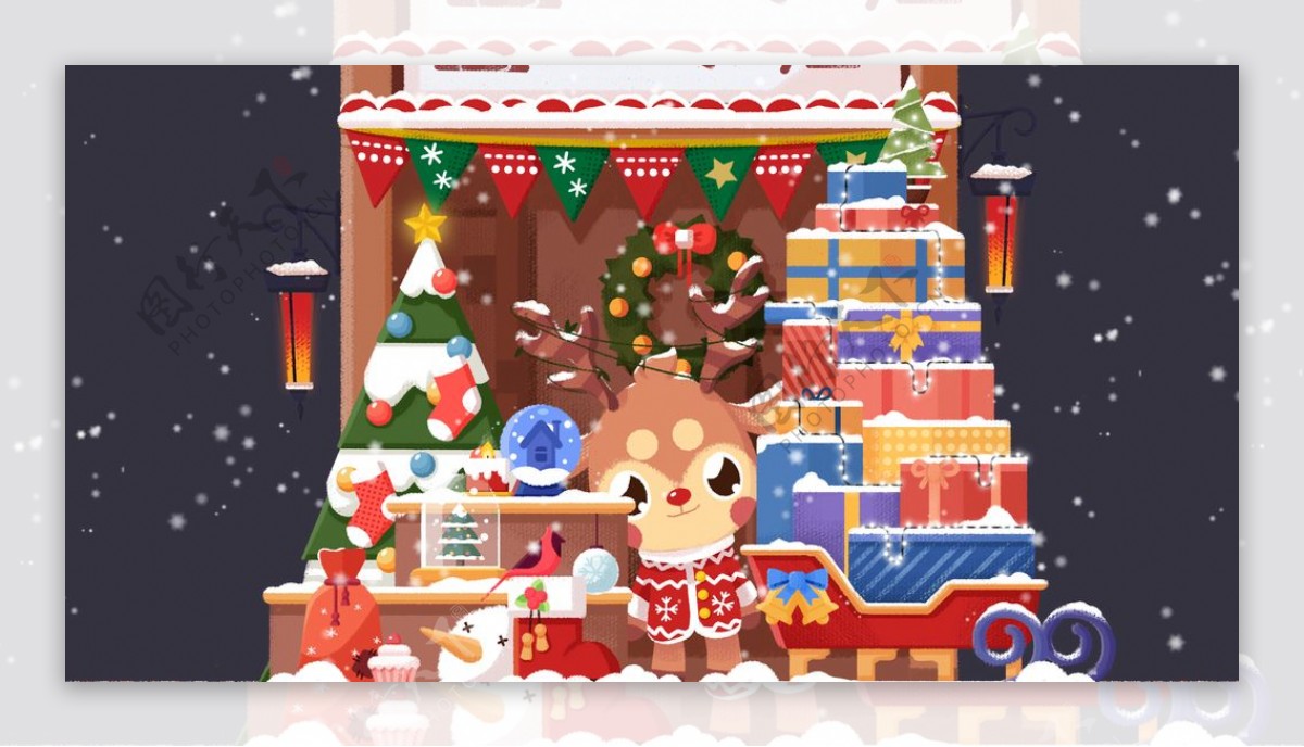 驯鹿圣诞礼品店日式手绘插画
