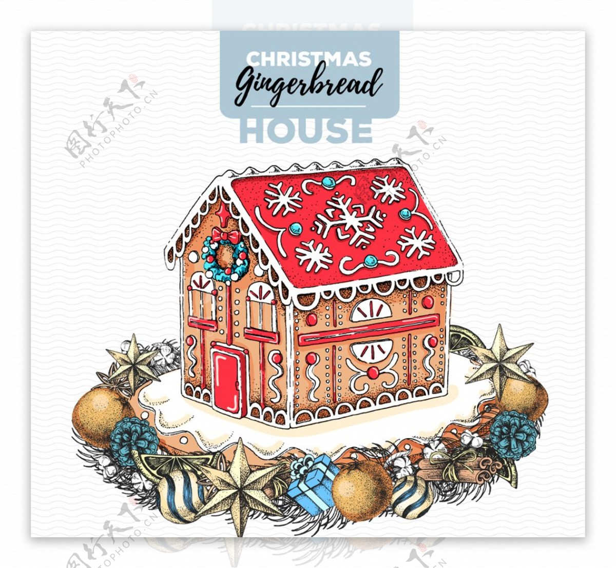 彩绘圣诞节姜饼屋和花环
