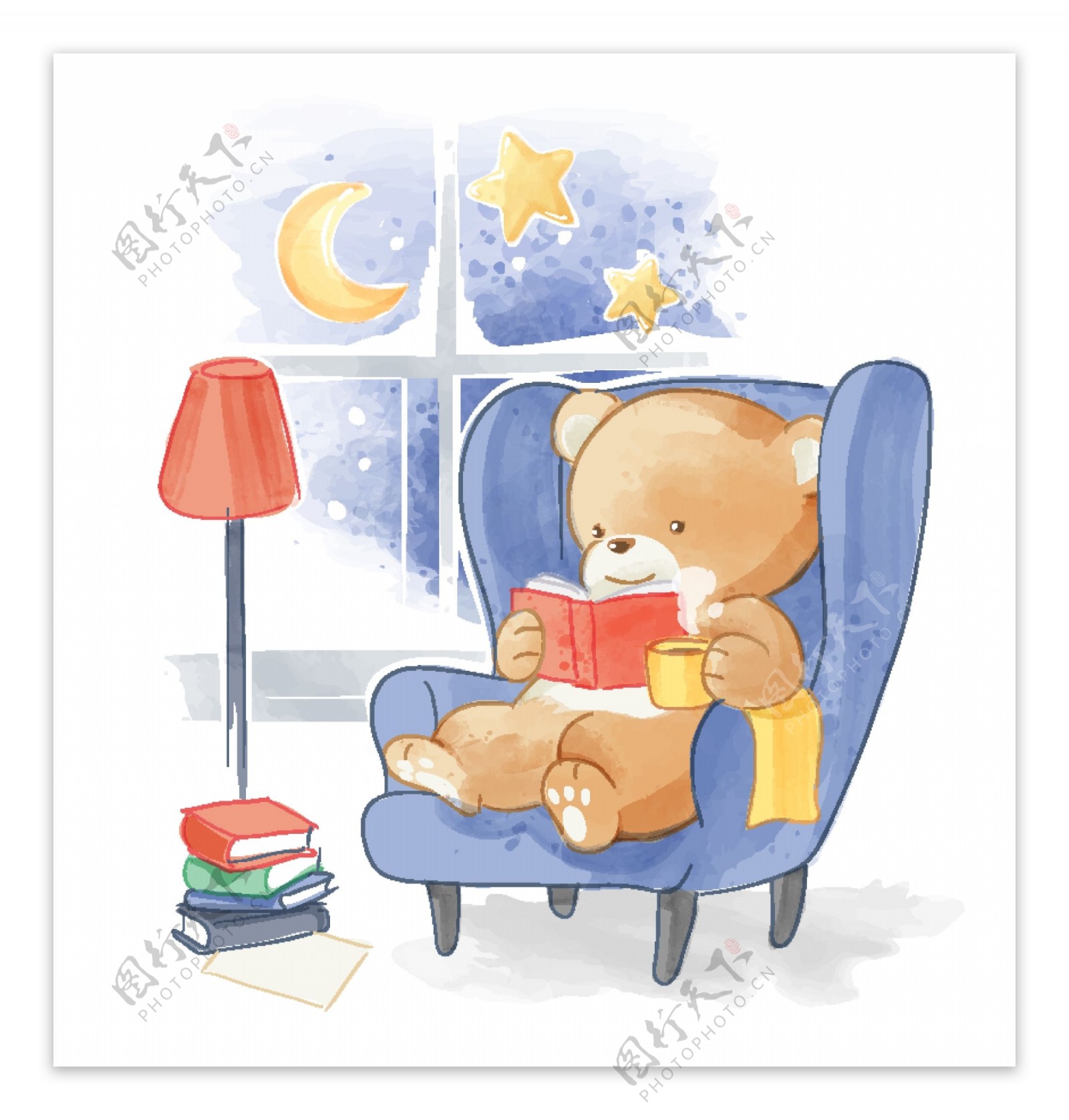 卡通沙发上看书的熊