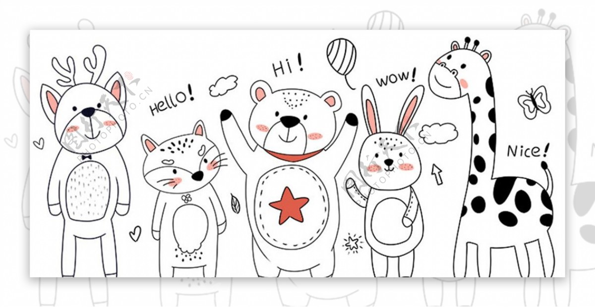可爱简笔画小动物墙纸卡通插画