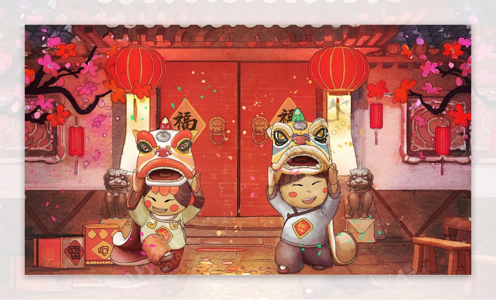 新年舞狮春节人物插画卡通背景
