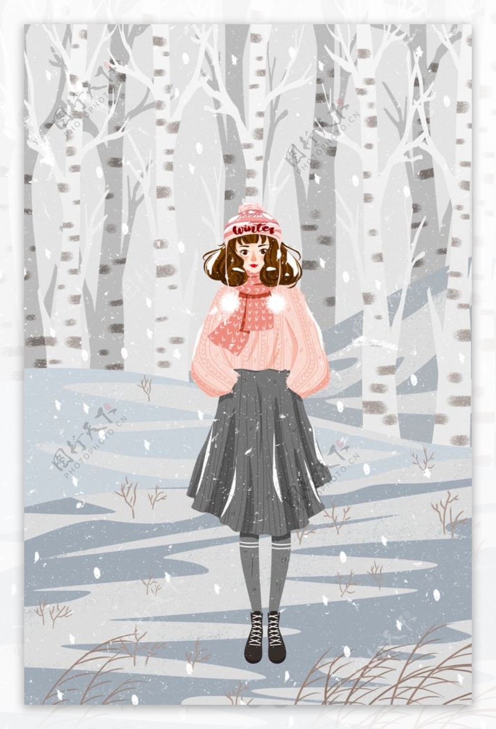 冬季人物女性清新插画素材