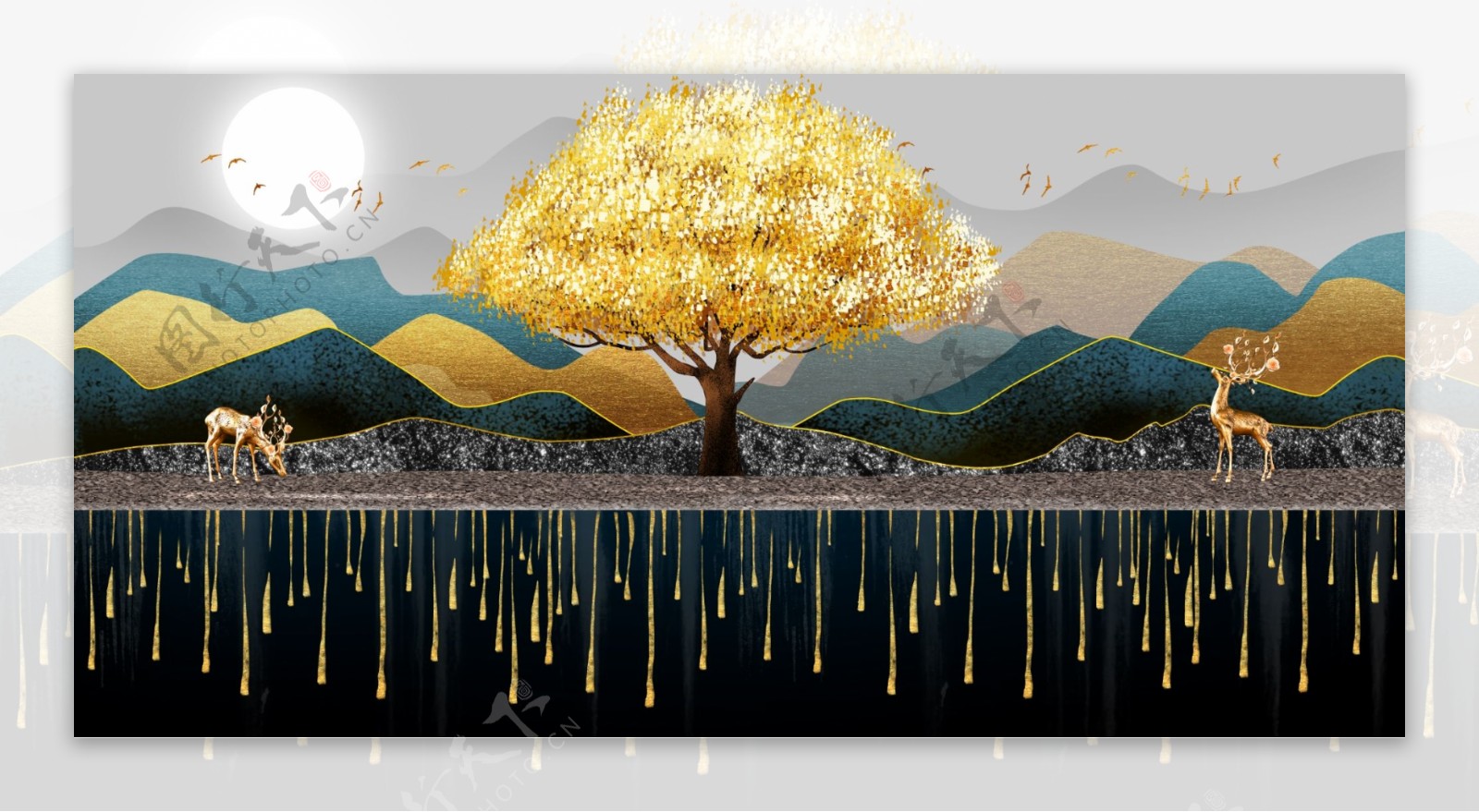 新中式鎏金线条山水麋鹿装饰画