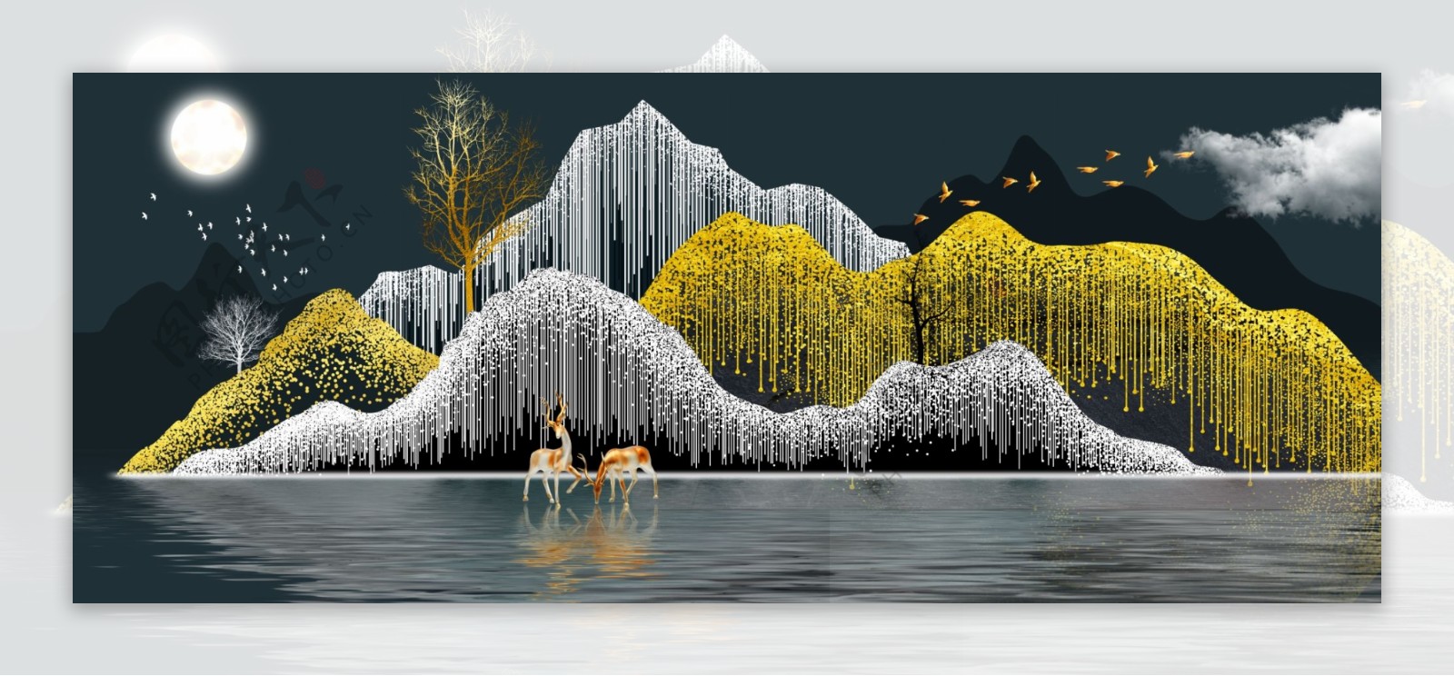 新中式金色线条山水麋鹿装饰画