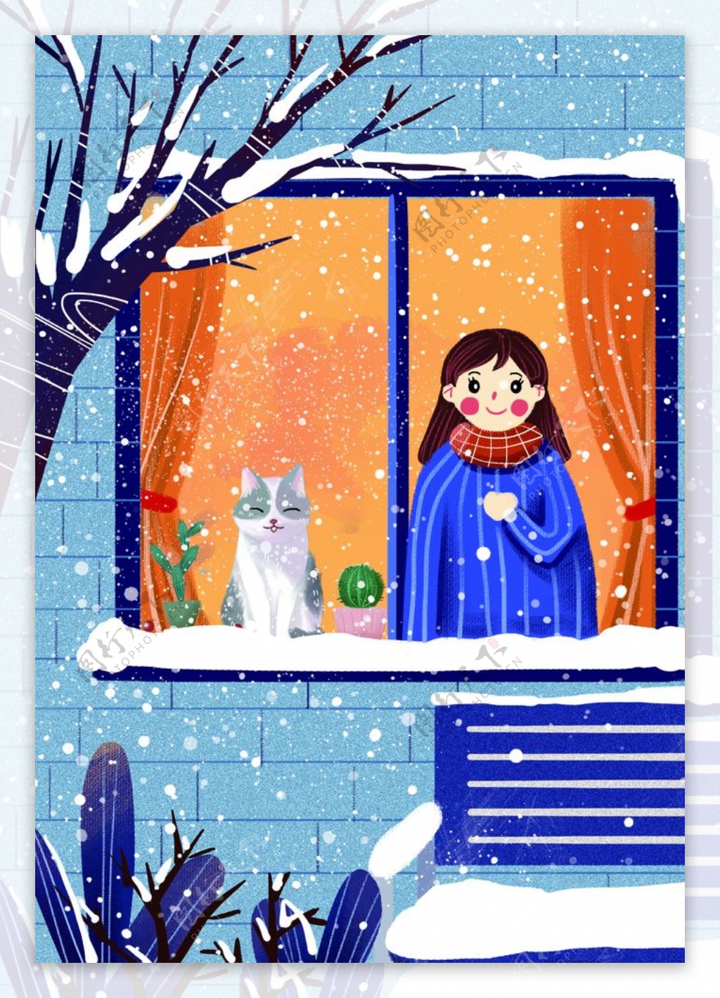 冬季窗台寒冷插画卡通背景素材