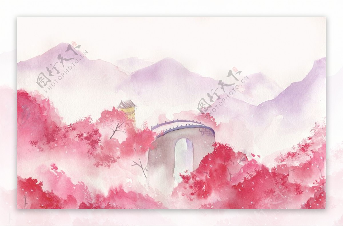粉色花丛国风插画卡通背景素材