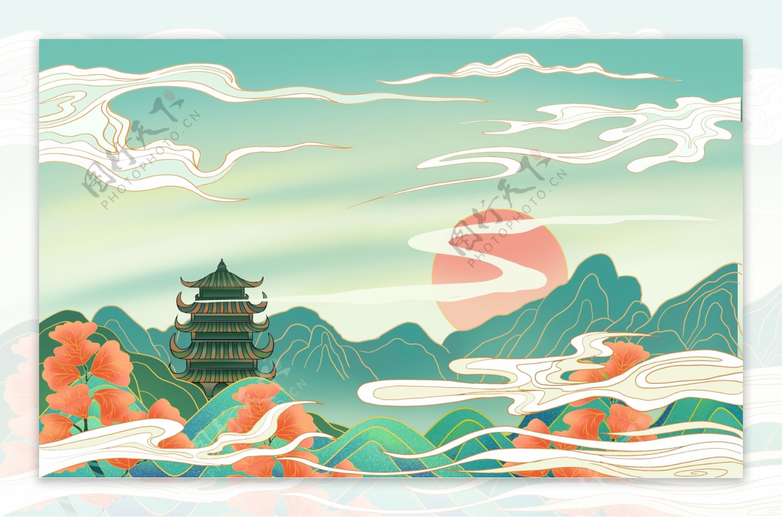 山水传统古风国风插画背景素材