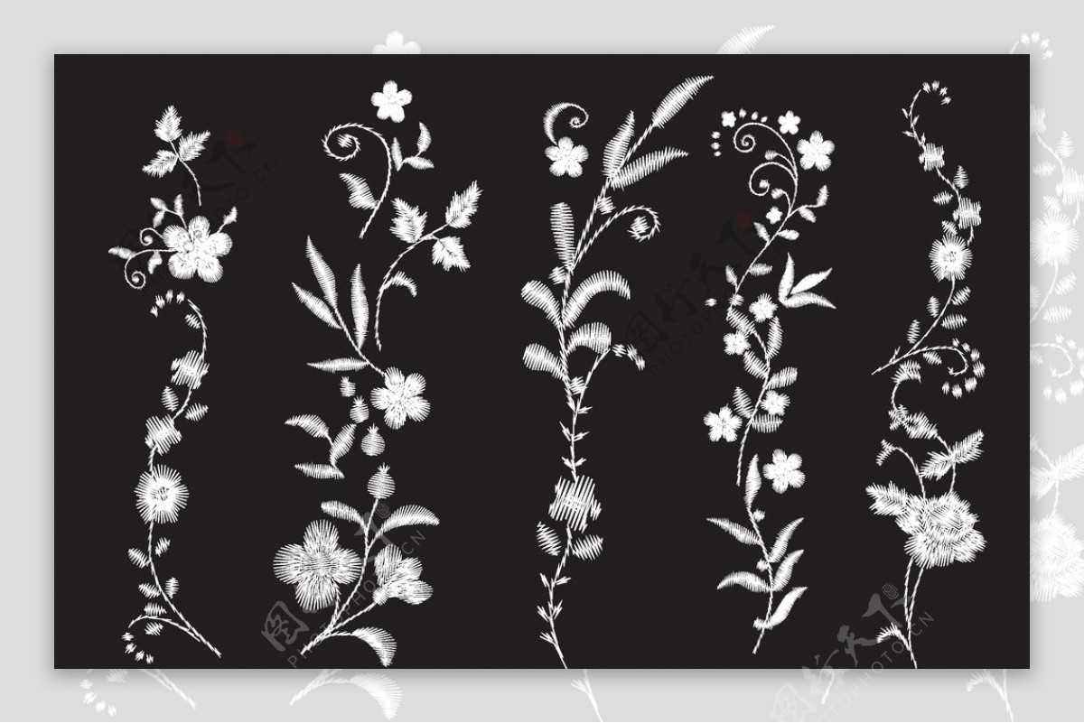绣花矢量图黑白花朵