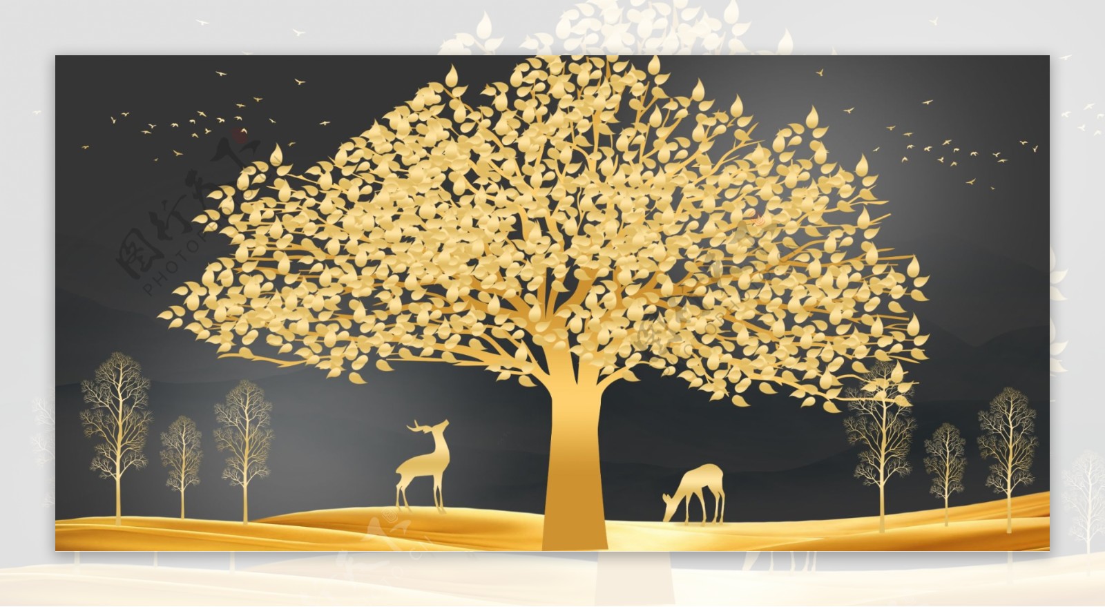 新中式金色麋鹿大树装饰画