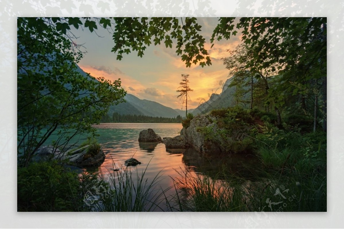湖面森林日落自然生态背景素材