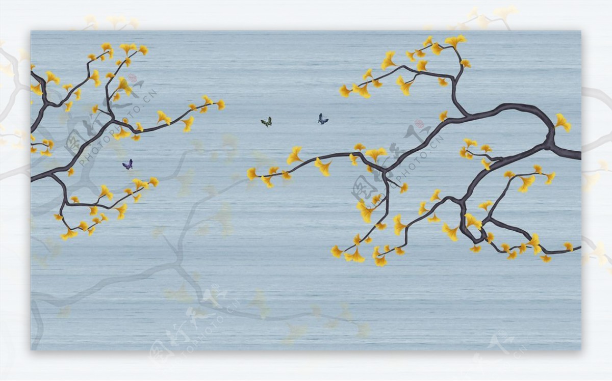 花鸟画银杏树背景墙图片