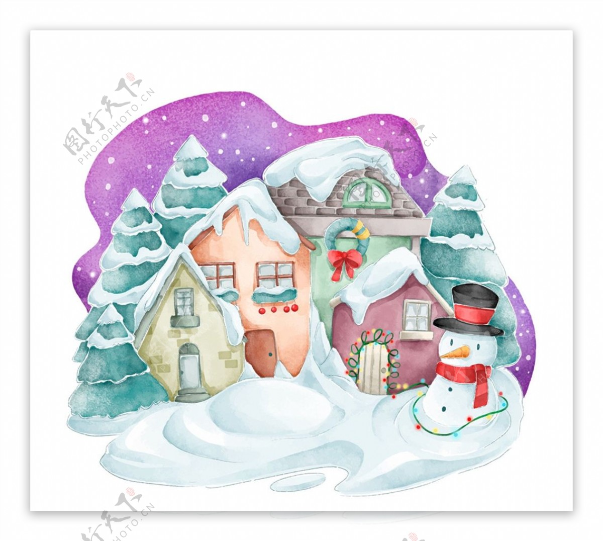 雪中的小屋和雪人图片
