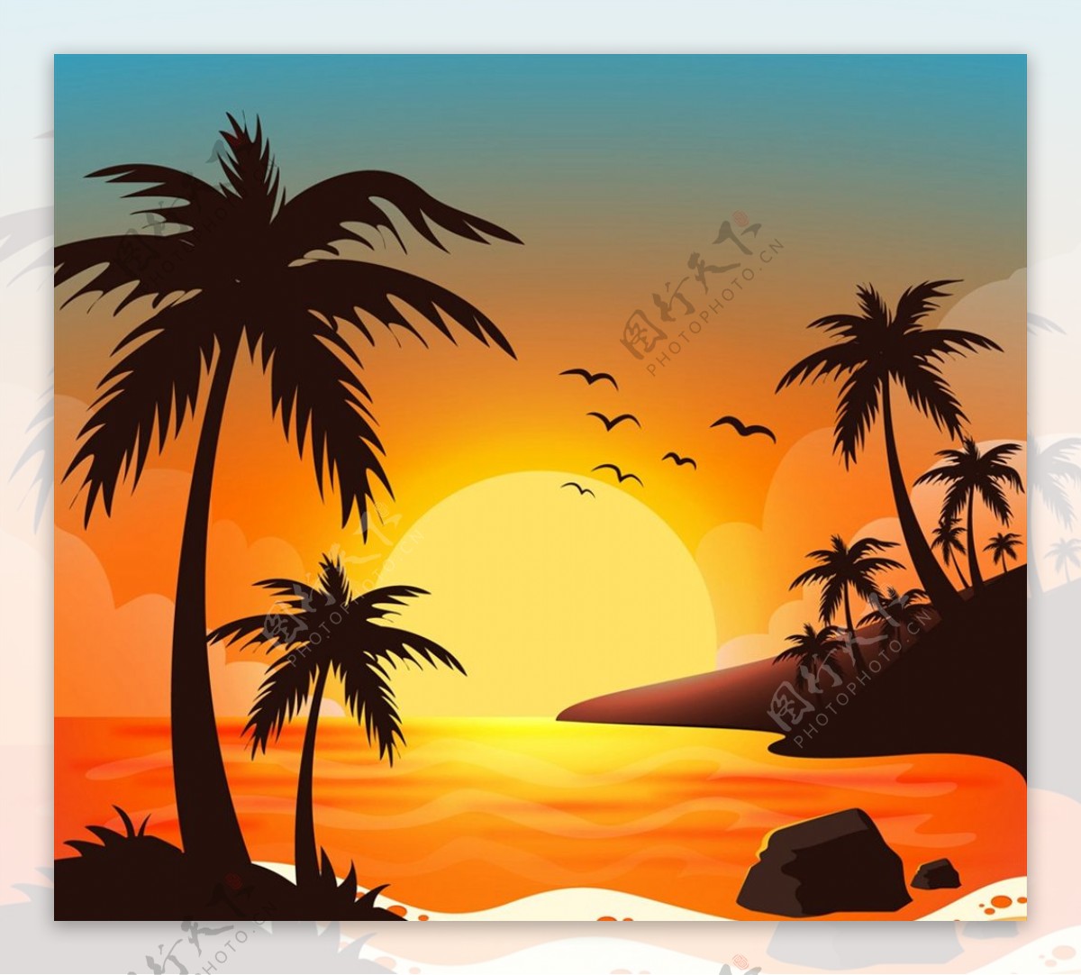 夕阳大海岛屿风景图片