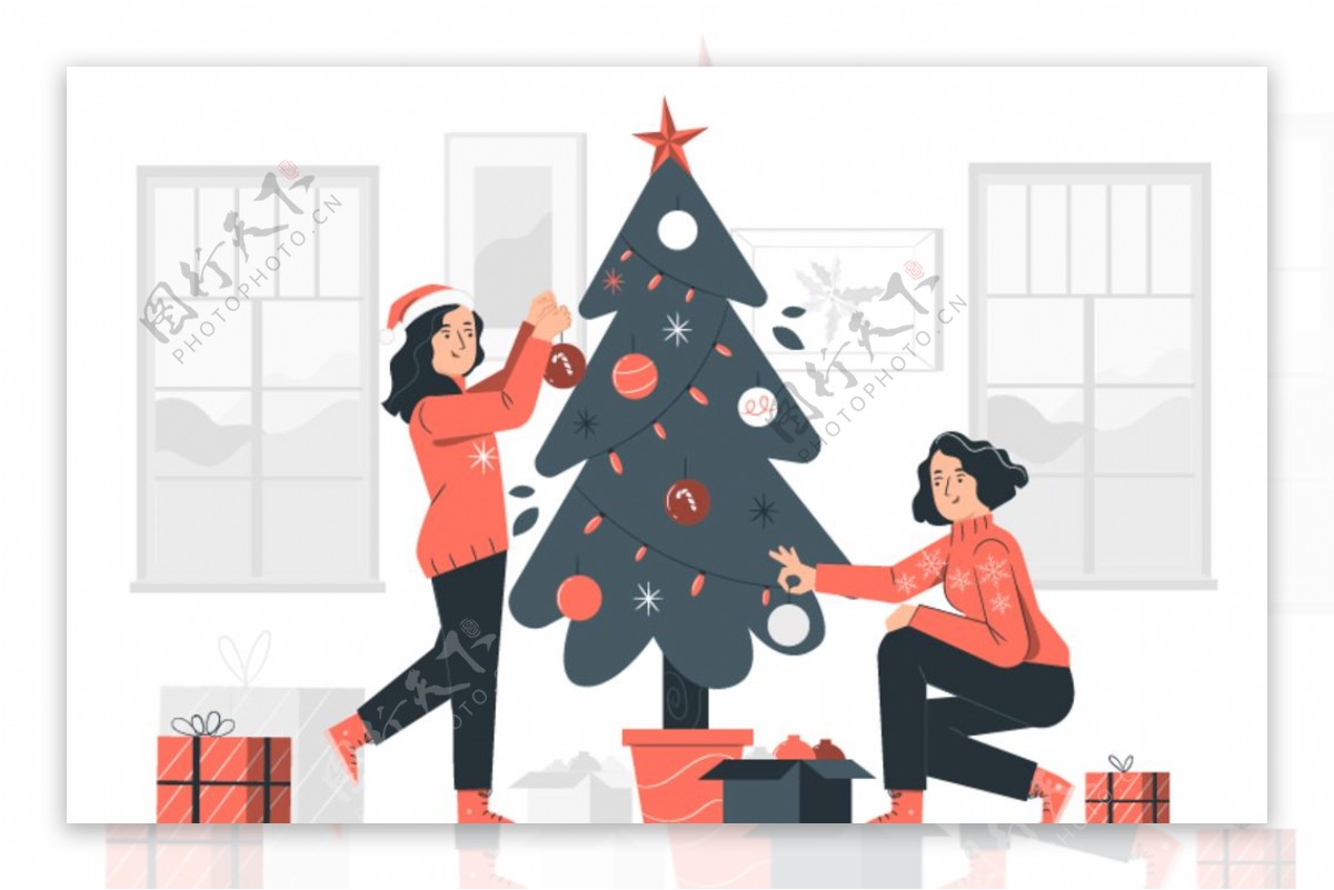 扁平圣诞树装饰插画图片