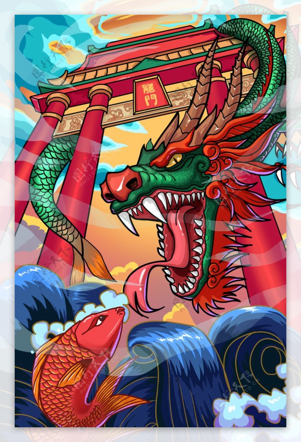 鲤鱼龙门传统插画背景海报素材图片