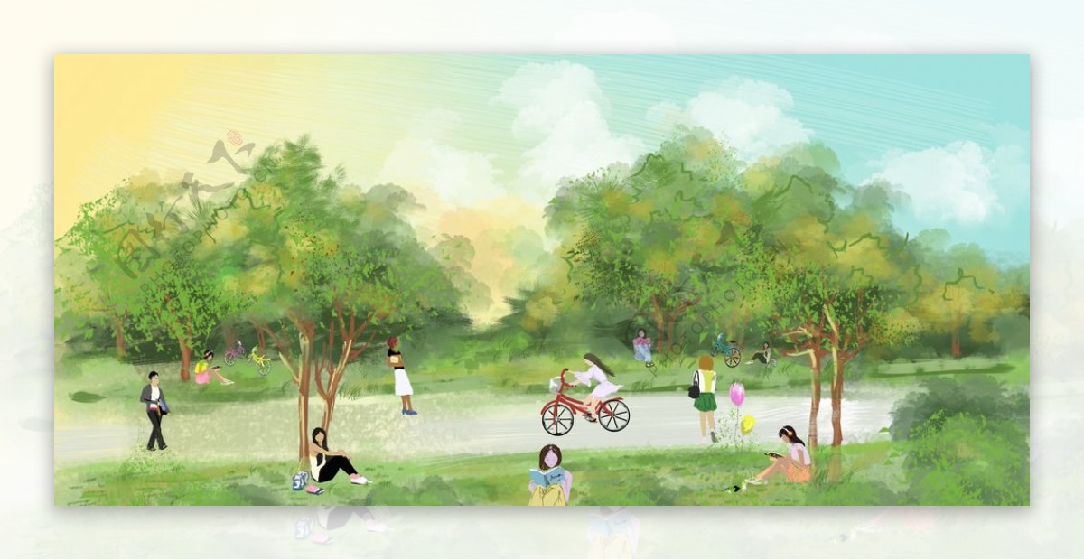 公园游玩人物插画背景海报素材图片