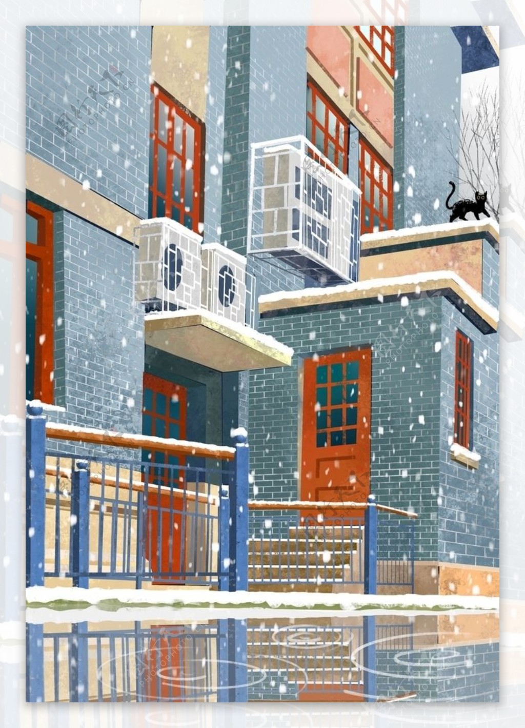 雪中建筑插画图片