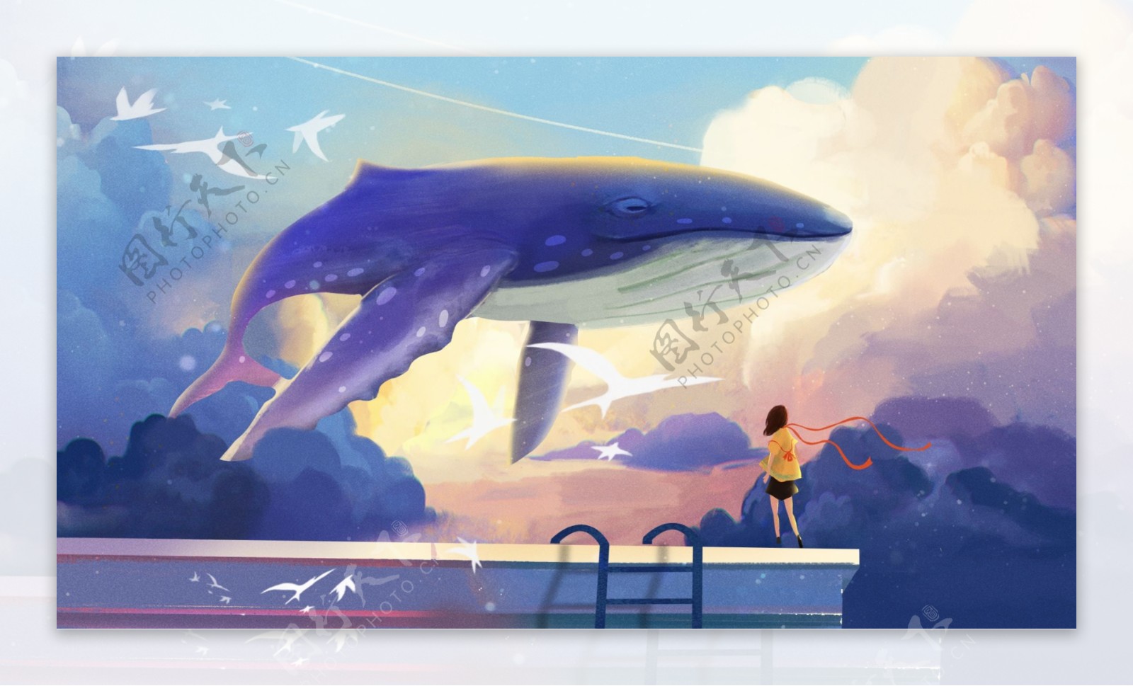 和蓝色鲸鱼游戏的小女孩卡通元素素材图片下载-素材编号13655933-素材天下图库