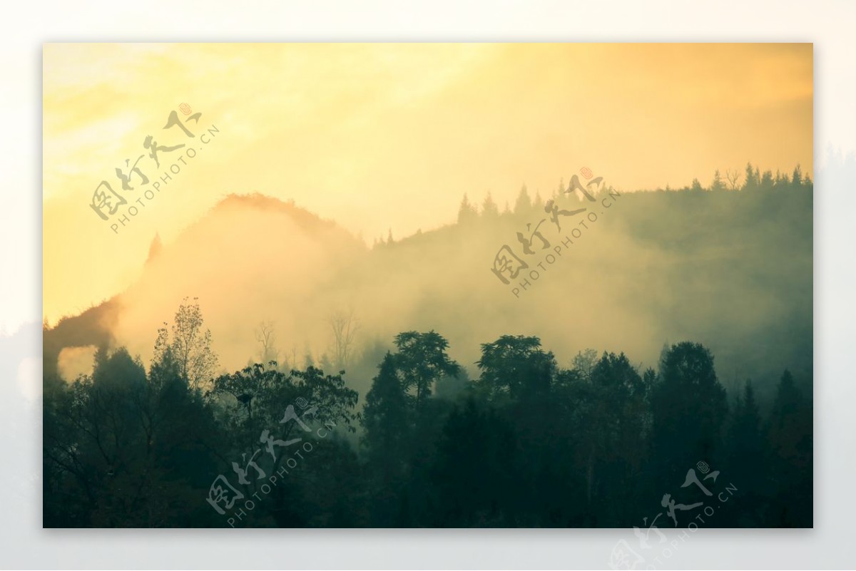 黄昏笼罩的云雾大山图片