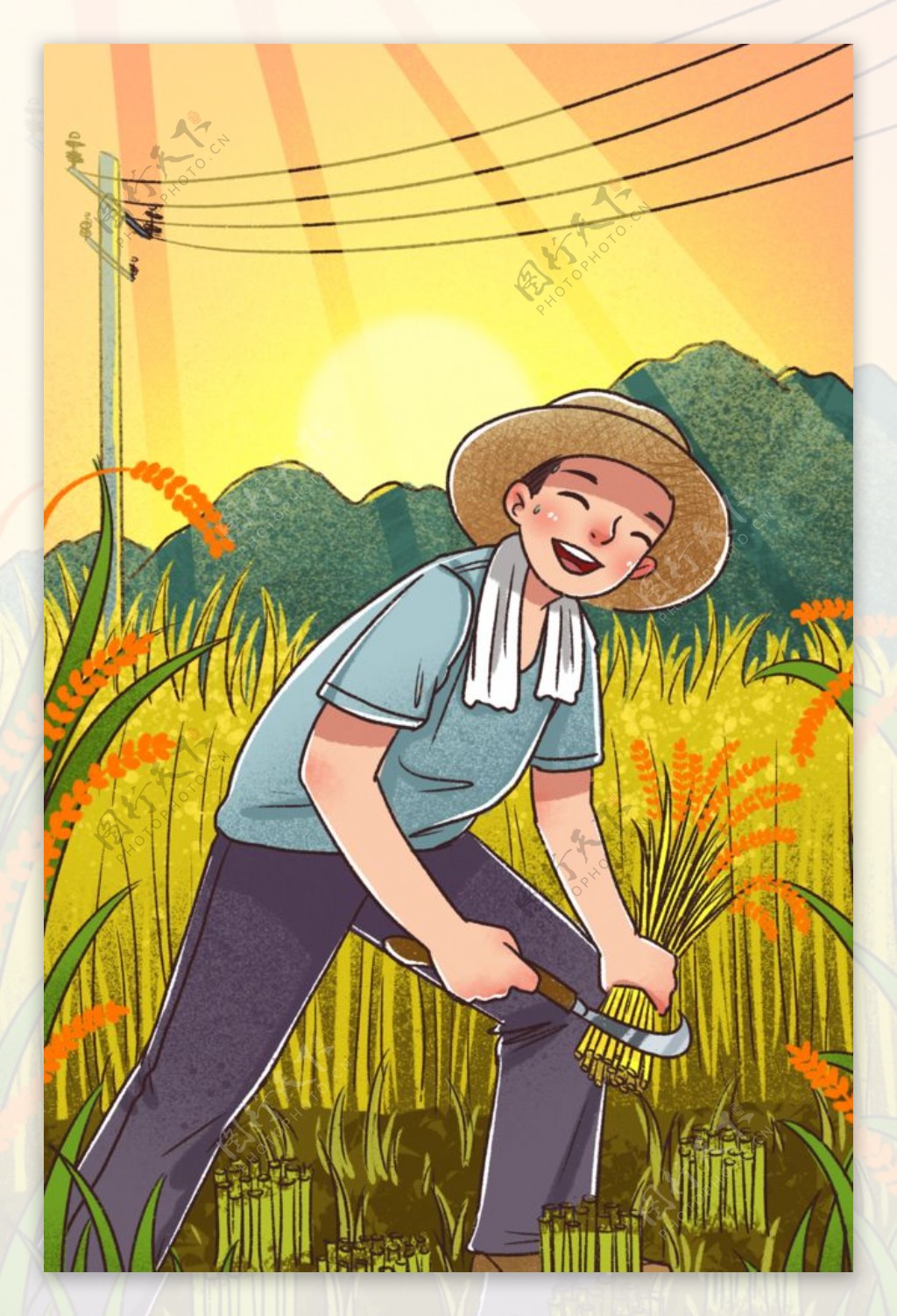农民收割收庄稼插画图片