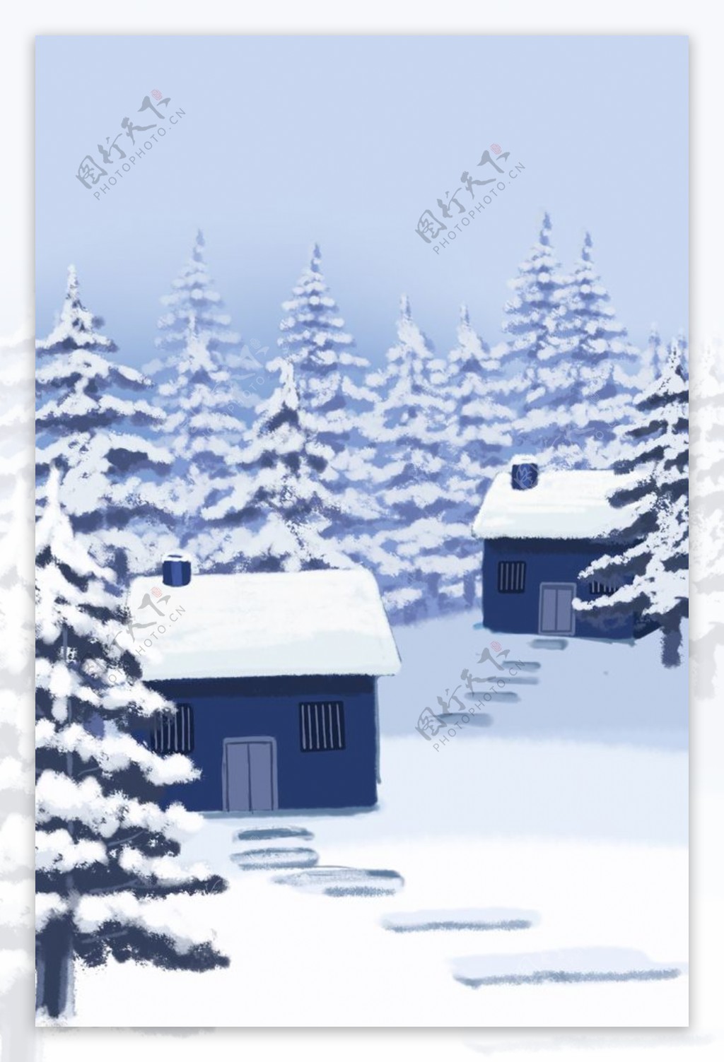 小屋松林雪景冬天冬季手绘图片