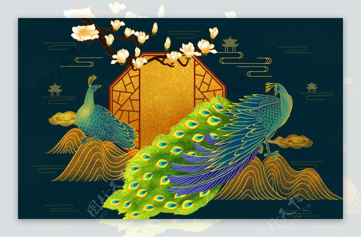 中式奢华孔雀背景墙图片