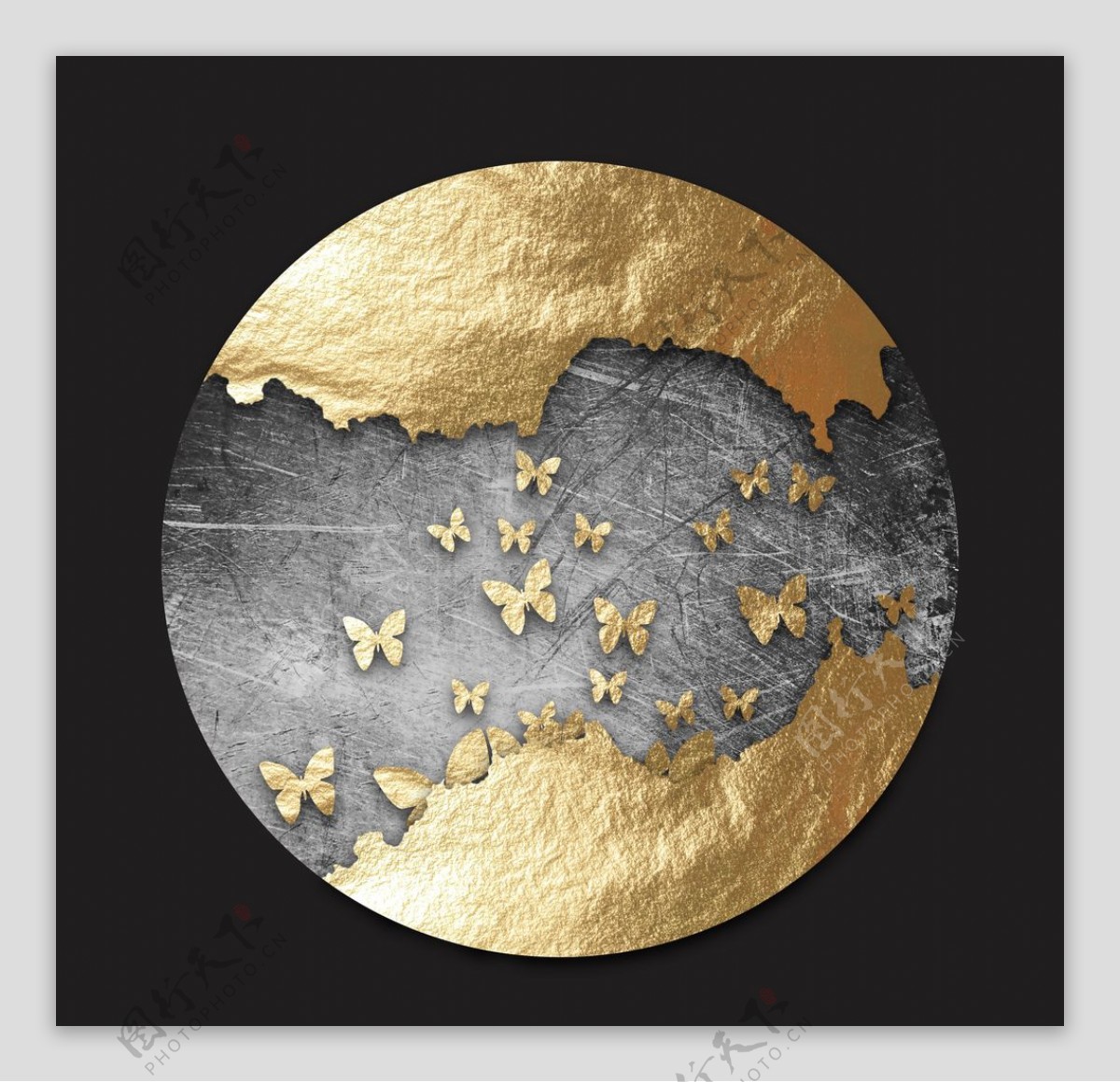 抽象金色蝴蝶圆形装饰画图片