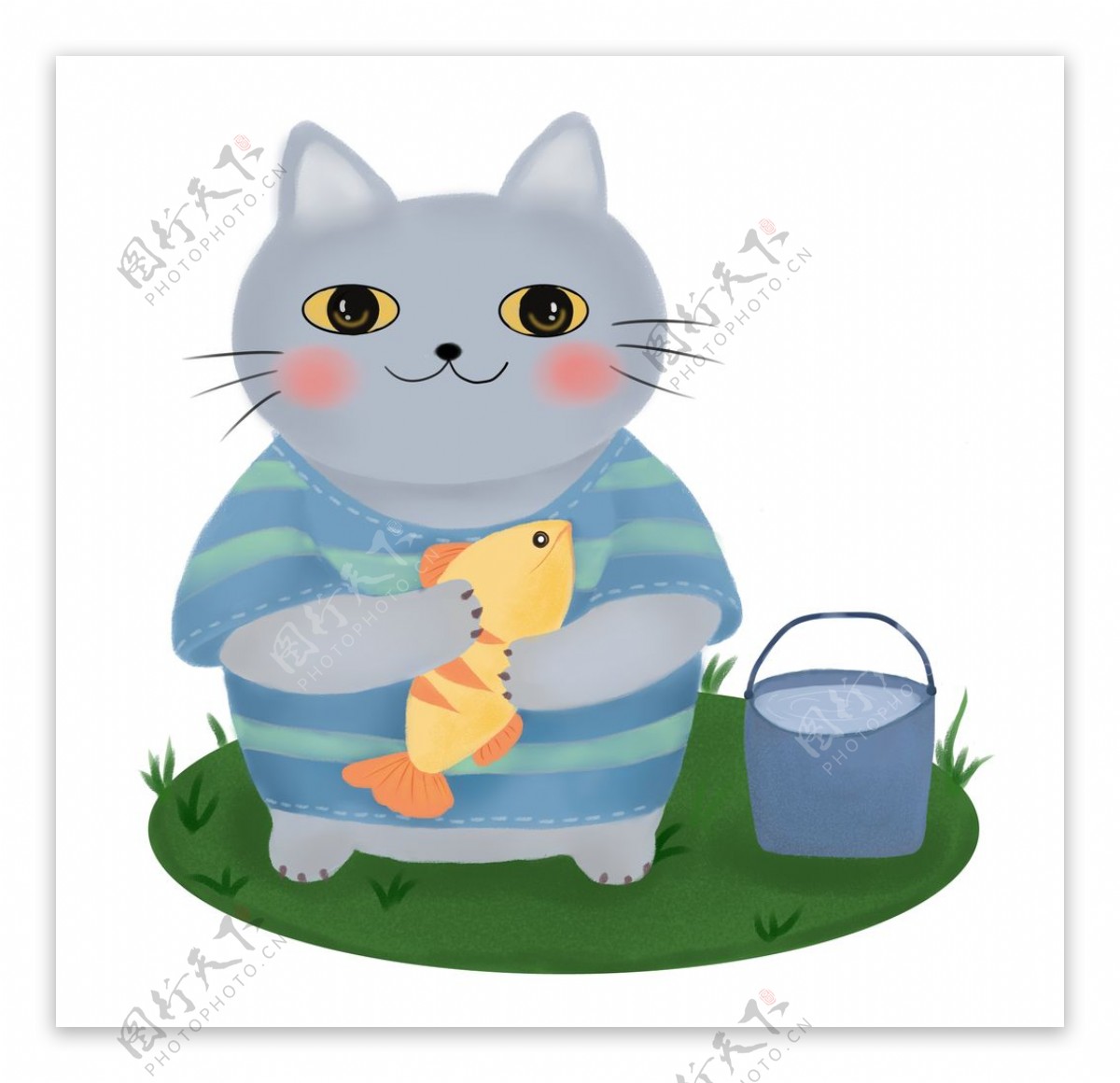 抱着鱼的猫插画图片