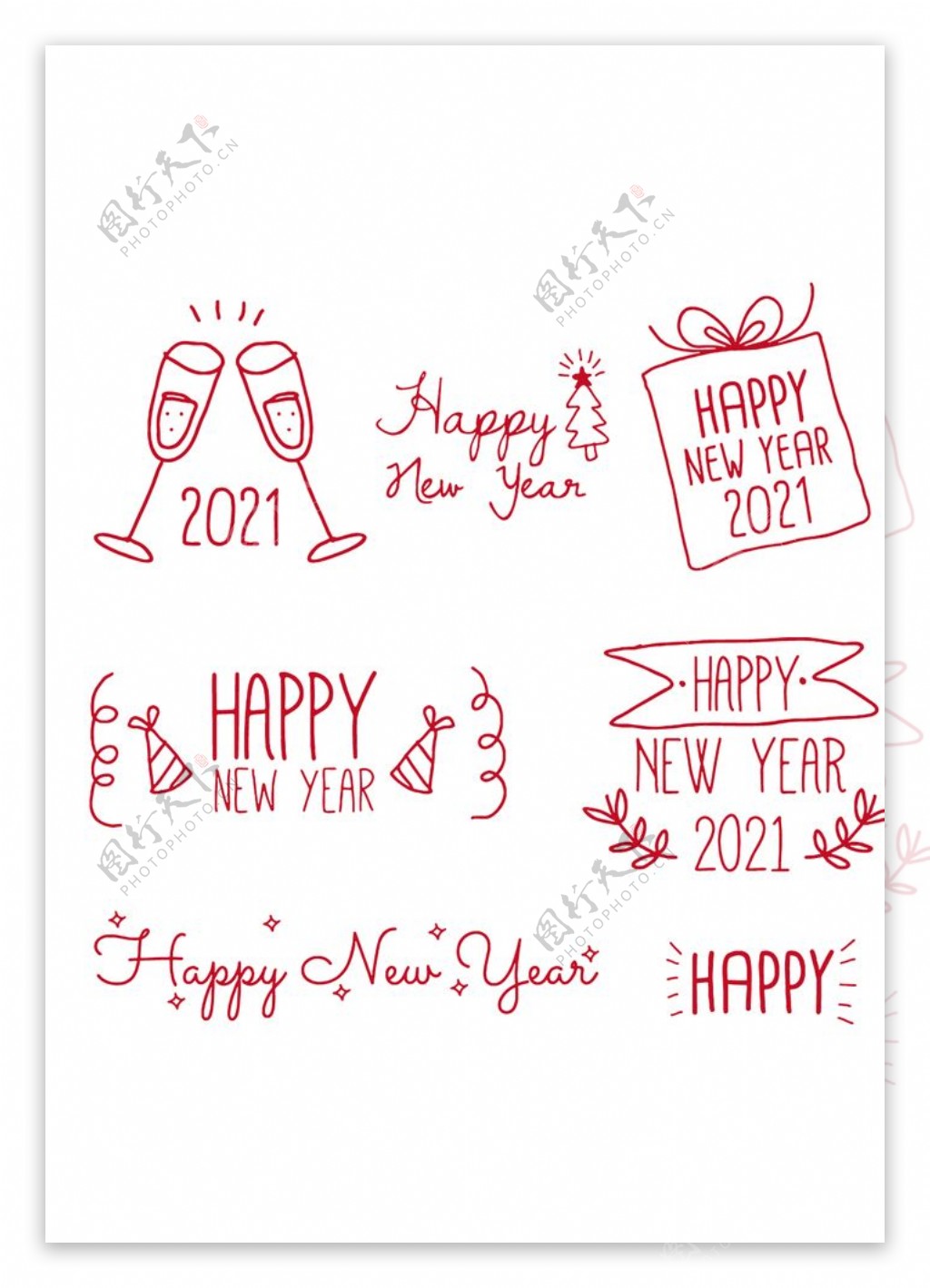 线条画手绘新年快乐字体图片