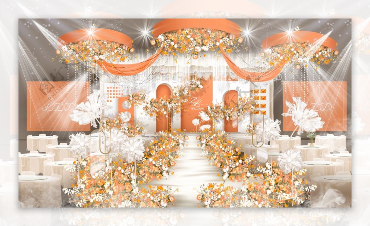 白橙色婚礼主舞台效果图图片